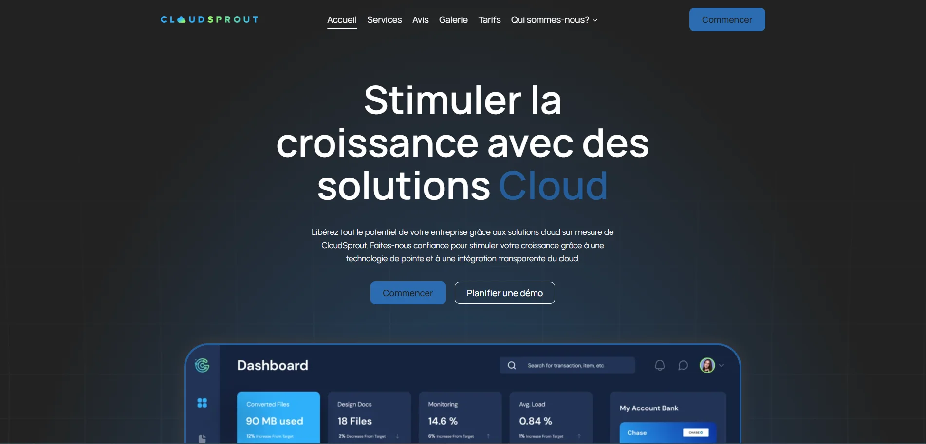 Page d'accueil d'un site internet pour des solutions cloud avec un tableau de bord interactif
