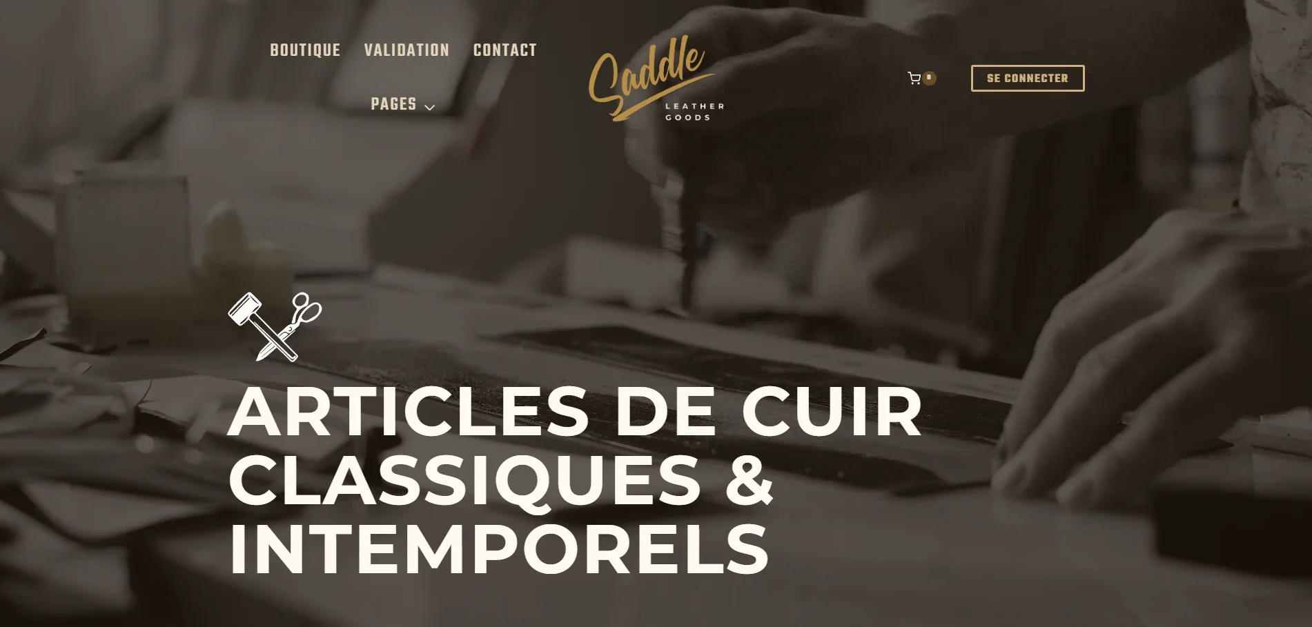 Page d'accueil d'un site e-commerce pour une boutique spécialisée dans les produits en cuir
