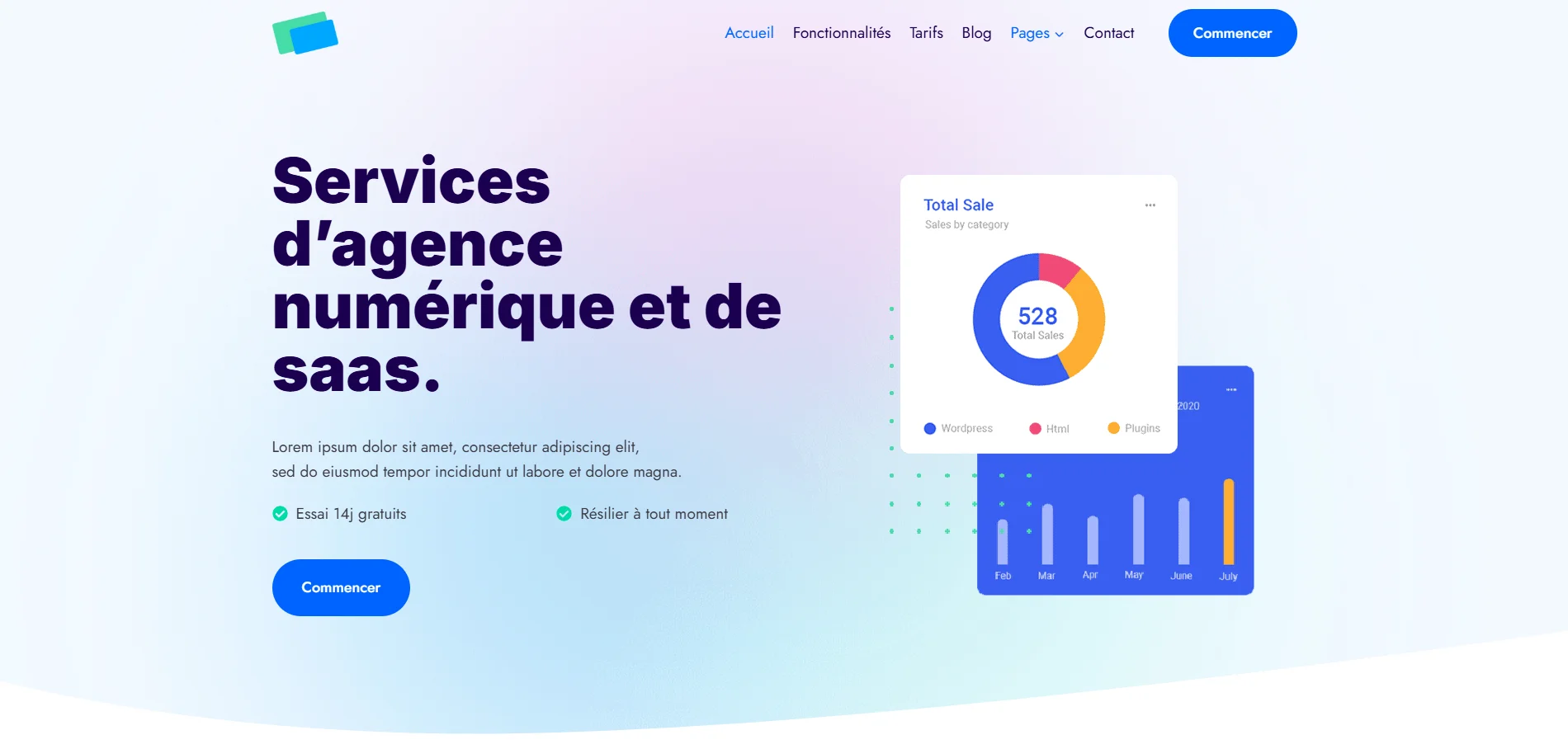 Page d'accueil d'un site pour une agence SaaS et de services numériques avec des graphiques interactifs