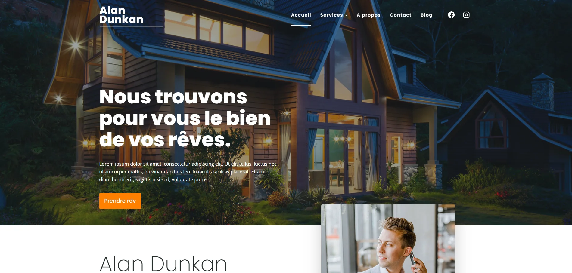 Page d'accueil d'un site internet immobilier avec un design chaleureux et professionnel